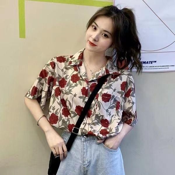 103 Korean Style Hong Kong Style Loose Shirt Short Sleeve Female Student Vintage Printed Chiffon Shirt Niche Design Sun Protection Clothing Fashion