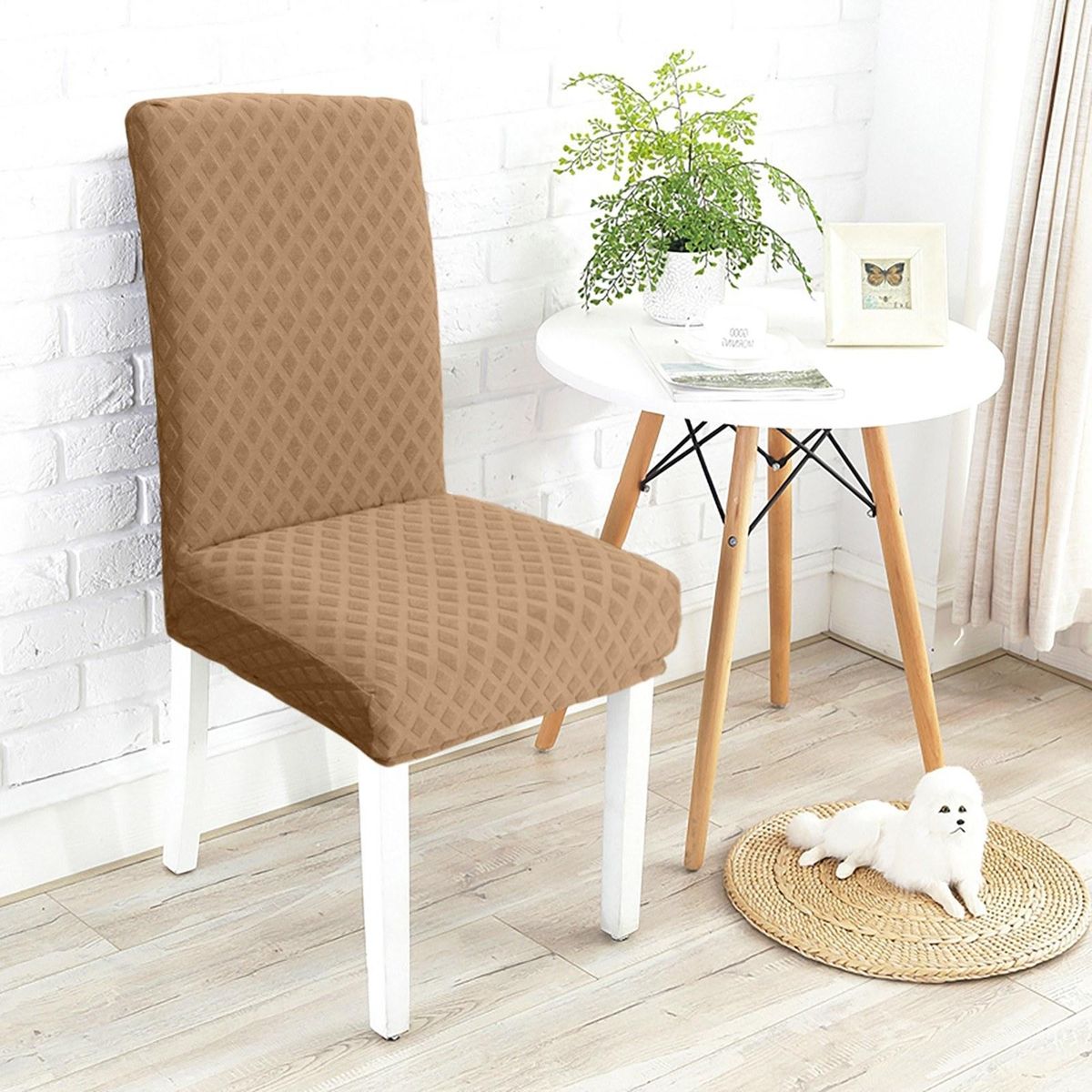 2pcs Dining Chair Slipcover, High Stretch Removable Chair Cover Washable Chair Seat Protector Cover, Jacquard Rhombus, Chair Cover Slipcover for Home Party Hotel Wedding Ceremony,Camel