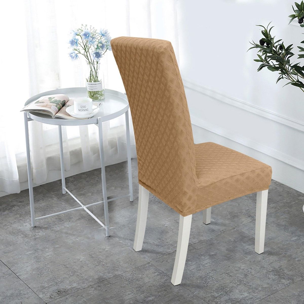 2pcs Dining Chair Slipcover, High Stretch Removable Chair Cover Washable Chair Seat Protector Cover, Jacquard Rhombus, Chair Cover Slipcover for Home Party Hotel Wedding Ceremony,Camel