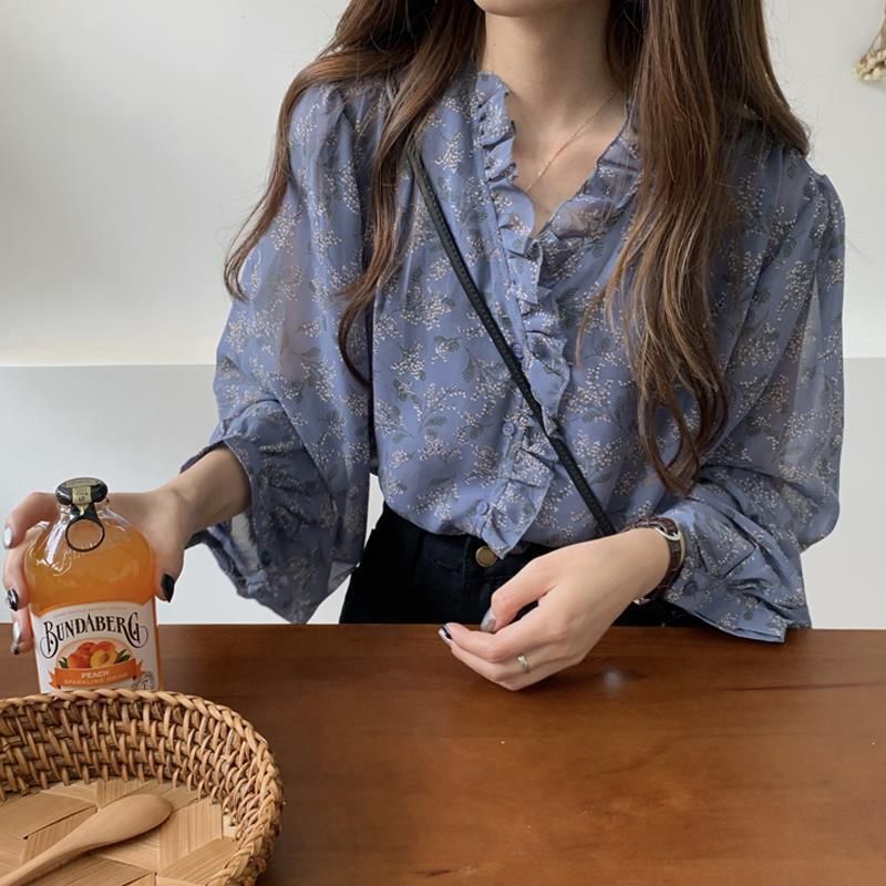 Korean Style Loose Belly-Covering Chiffon Shirt Fashionable Long Sleeve V-neck All-Matching Floral Top Women's Spring Clothes 2021 New