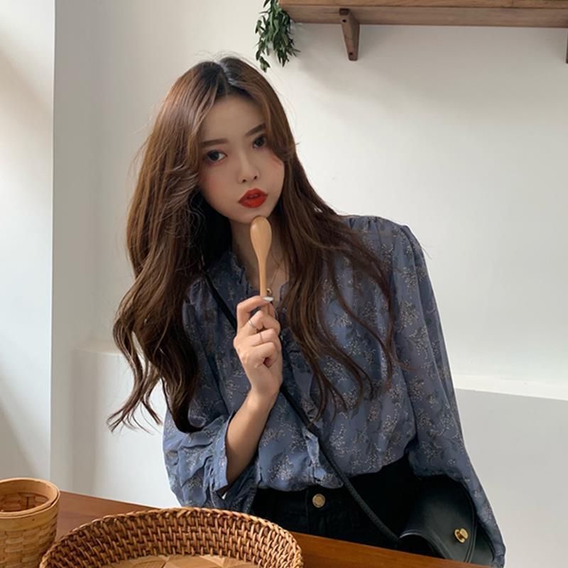 Korean Style Loose Belly-Covering Chiffon Shirt Fashionable Long Sleeve V-neck All-Matching Floral Top Women's Spring Clothes 2021 New