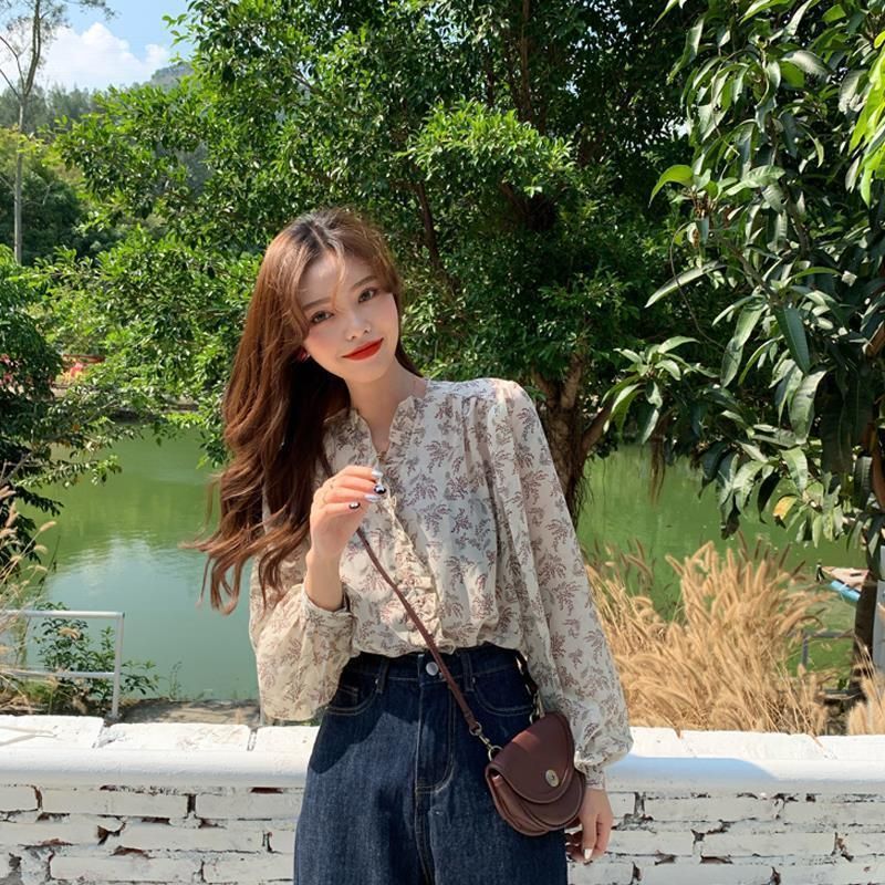 Korean Style Loose Belly-Covering Chiffon Shirt Fashionable Long Sleeve V-neck All-Matching Floral Top Women's Spring Clothes 2021 New
