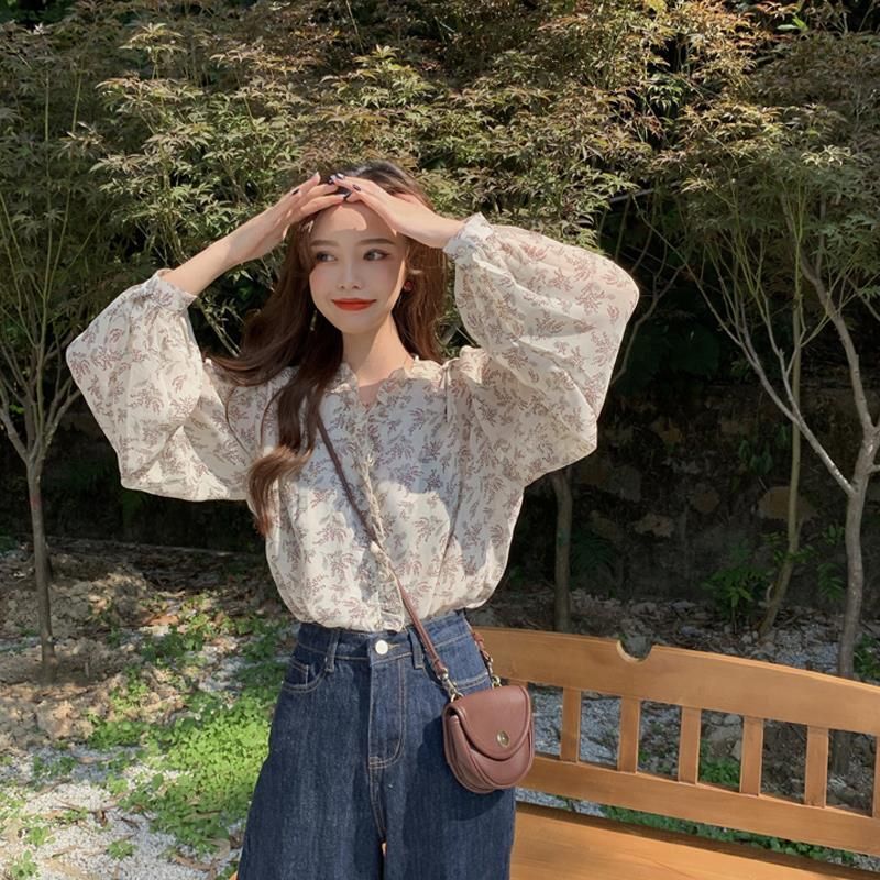 Korean Style Loose Belly-Covering Chiffon Shirt Fashionable Long Sleeve V-neck All-Matching Floral Top Women's Spring Clothes 2021 New