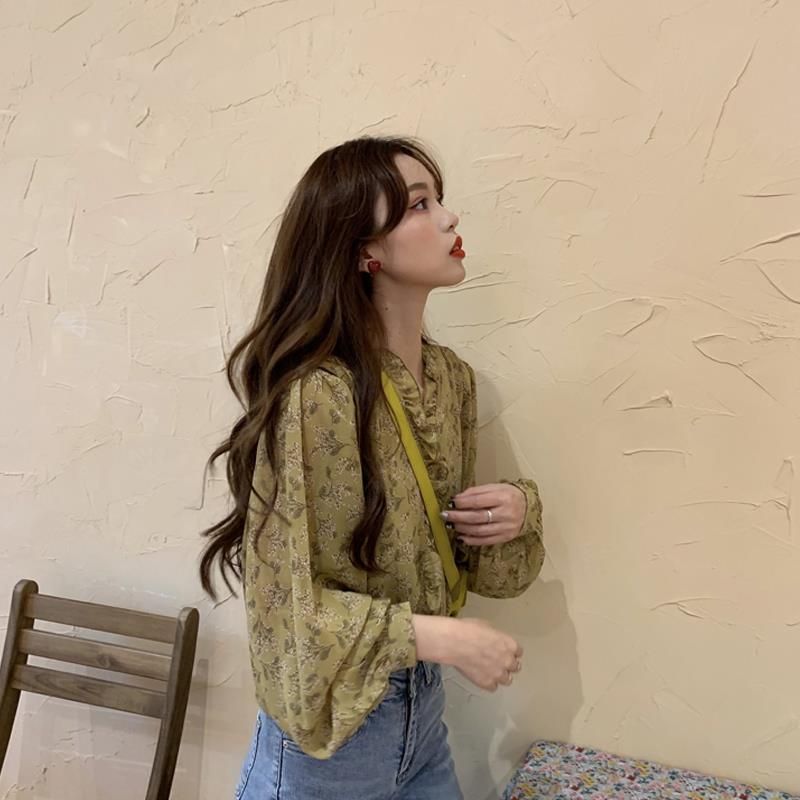 Korean Style Loose Belly-Covering Chiffon Shirt Fashionable Long Sleeve V-neck All-Matching Floral Top Women's Spring Clothes 2021 New