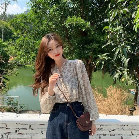 Korean Style Loose Belly-Covering Chiffon Shirt Fashionable Long Sleeve V-neck All-Matching Floral Top Women's Spring Clothes 2021 New