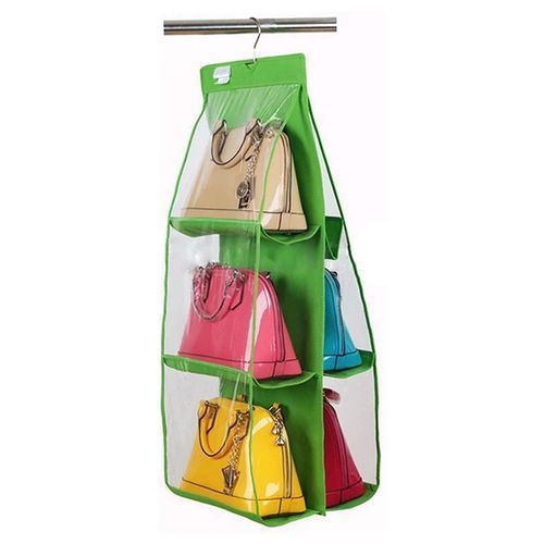 6 Pocket Hanging Handbag Purse Storage Organiser, Green.