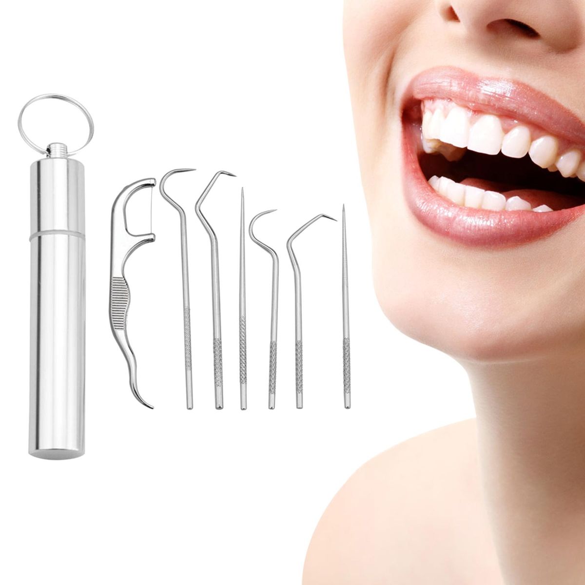 Portable Stainless Steel Toothpick Kit Teeth Cleaner Pendant 7Pcs Kit