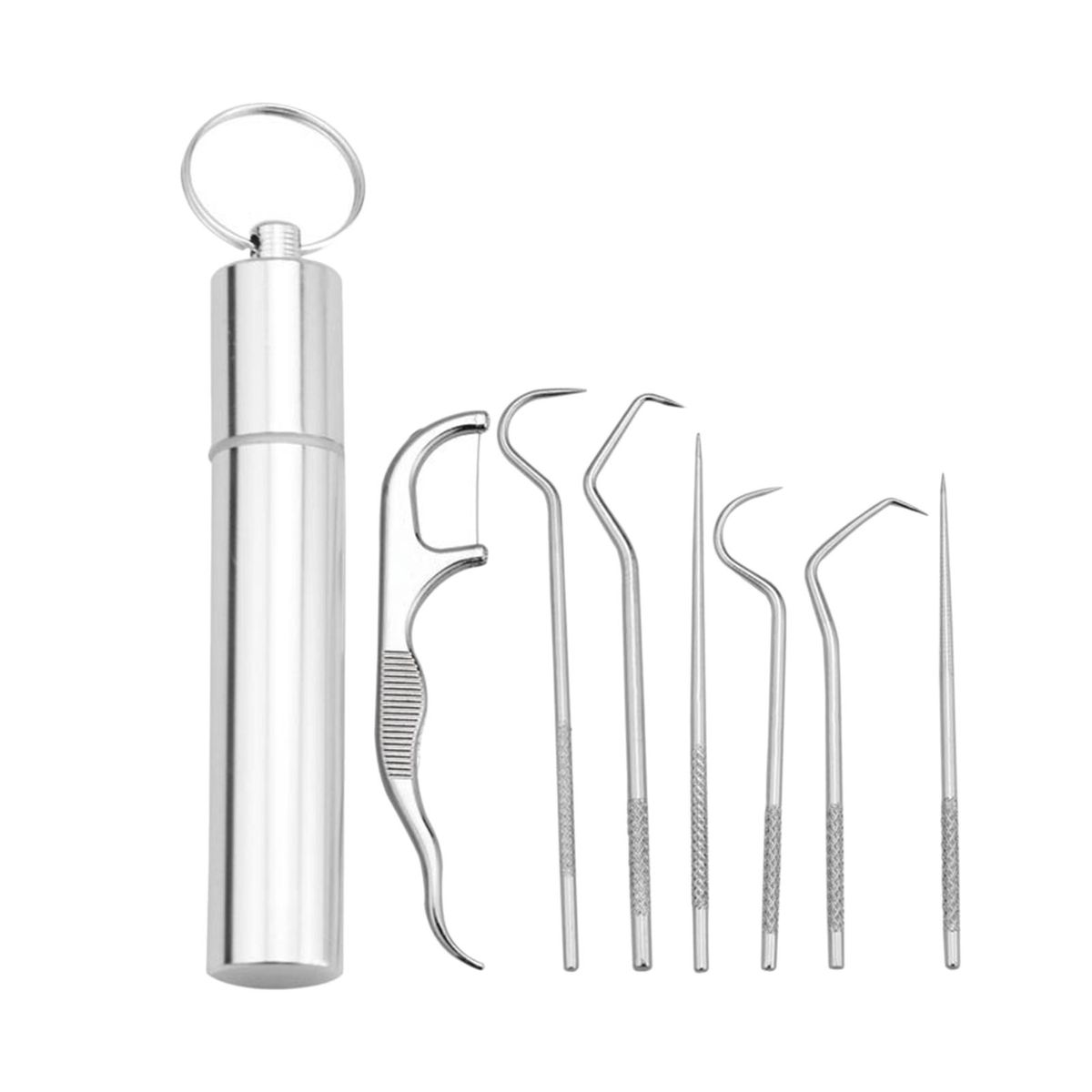 Portable Stainless Steel Toothpick Kit Teeth Cleaner Pendant 7Pcs Kit