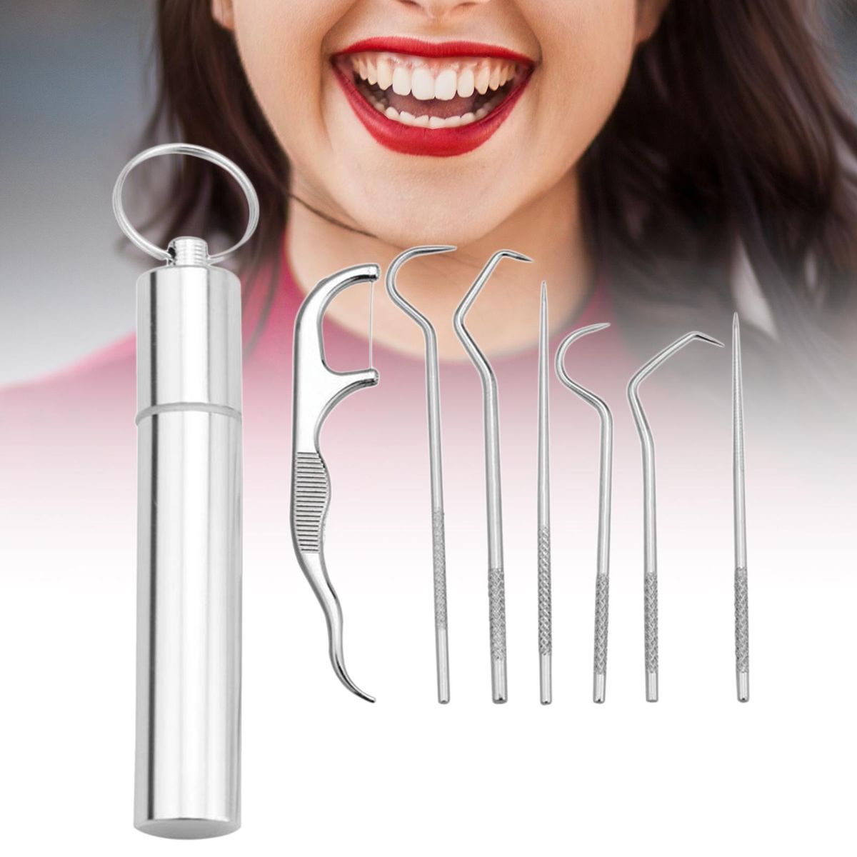 Portable Stainless Steel Toothpick Kit Teeth Cleaner Pendant 7Pcs Kit