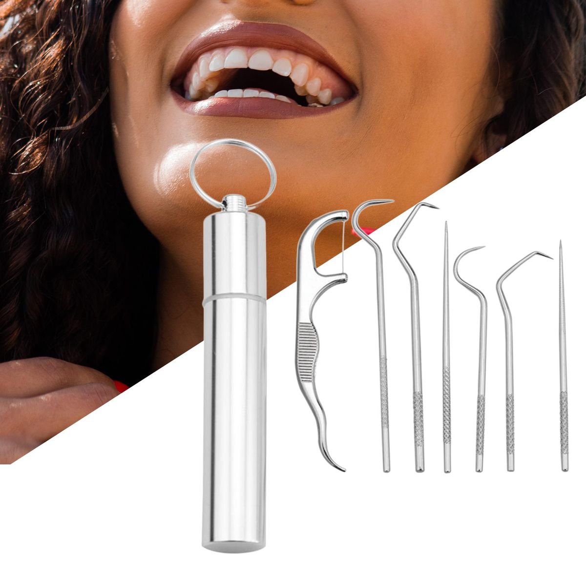 Portable Stainless Steel Toothpick Kit Teeth Cleaner Pendant 7Pcs Kit