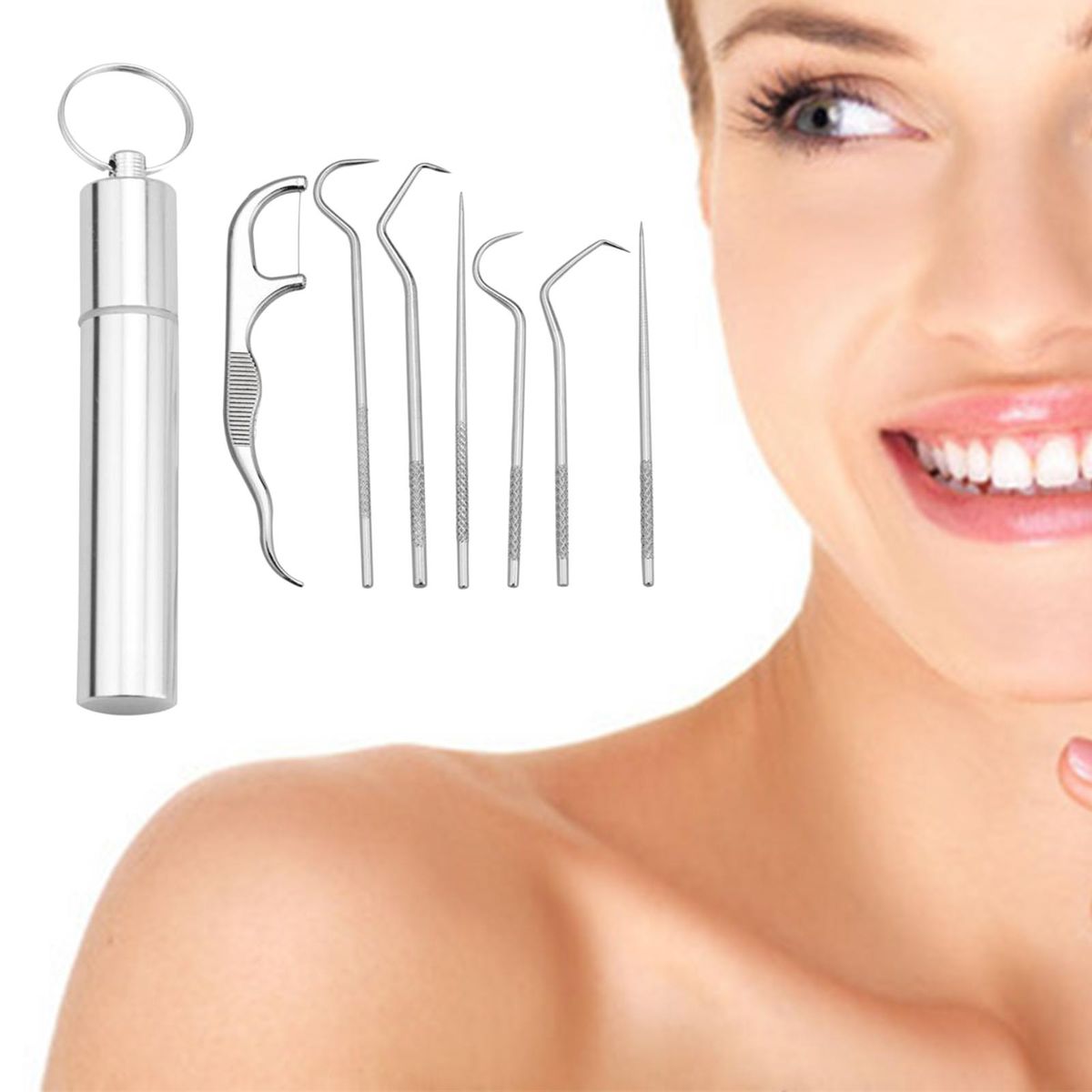 Portable Stainless Steel Toothpick Kit Teeth Cleaner Pendant 7Pcs Kit