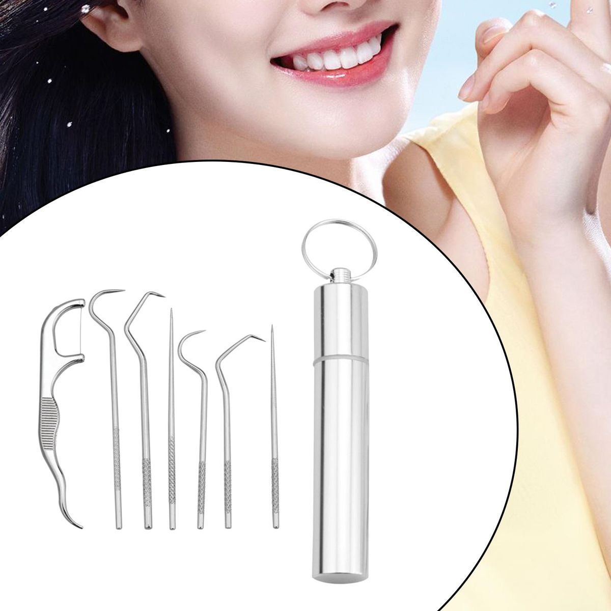 Portable Stainless Steel Toothpick Kit Teeth Cleaner Pendant 7Pcs Kit