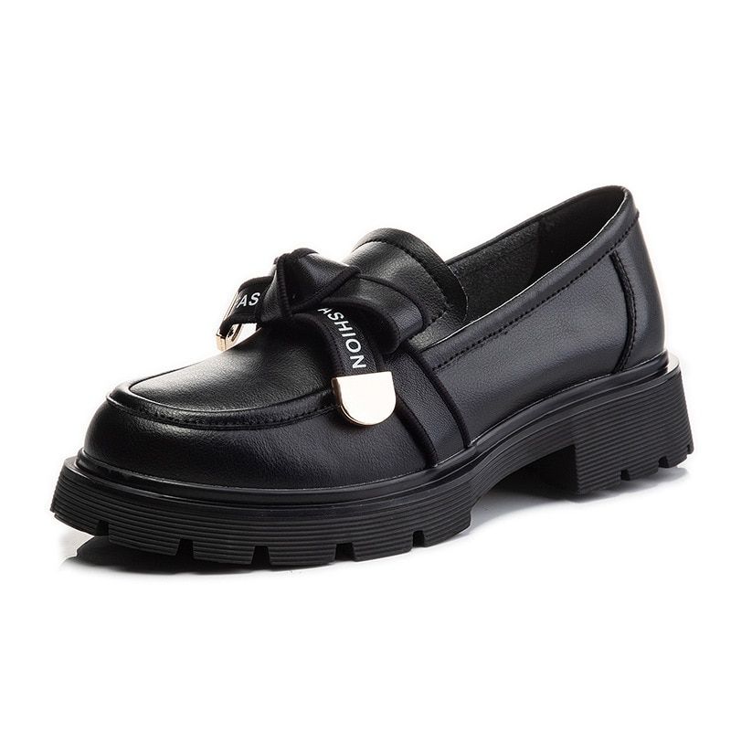 Genuine Leather Platform Shoes Women's Loafers Heel Woman Pumps Shoes For Women 2022 Spring Bow Knot Designer Black Heels Girls