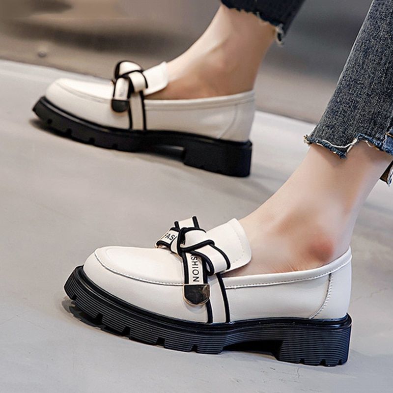 Genuine Leather Platform Shoes Women's Loafers Heel Woman Pumps Shoes For Women 2022 Spring Bow Knot Designer Black Heels Girls