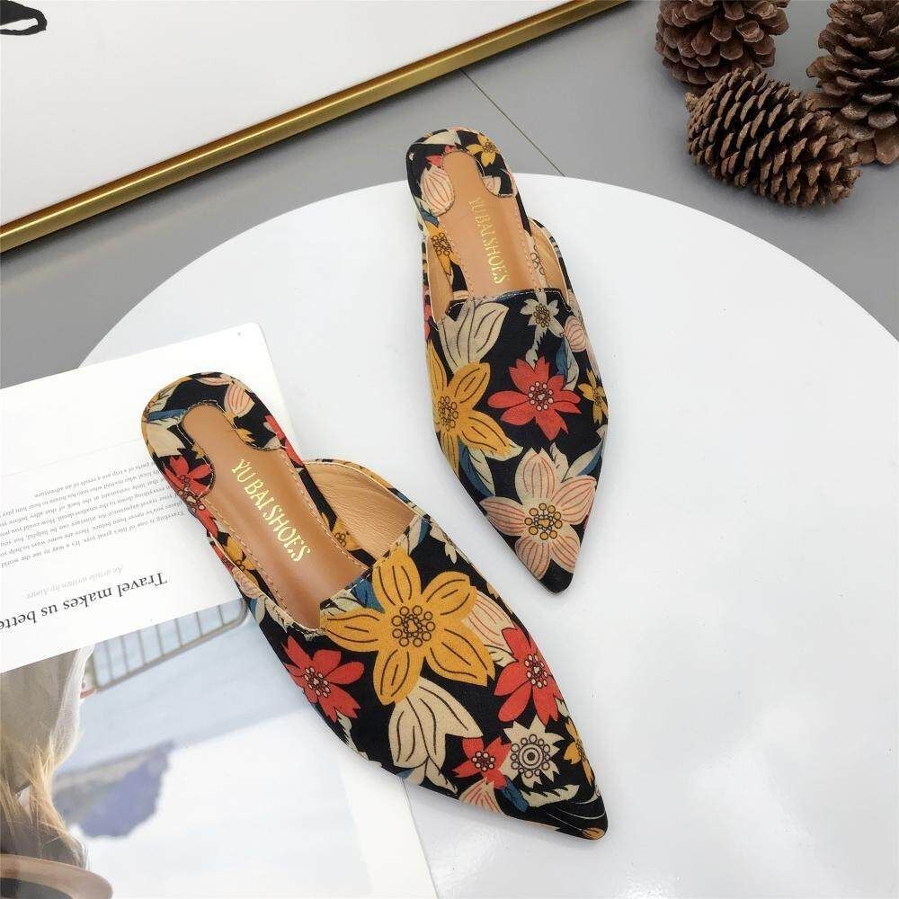 Pointed Thick With High Heels 2019 New Female Embroidery Baotou Half Slippers Female Summer Wear Lazy Muller Shoes Female New Wine Red
