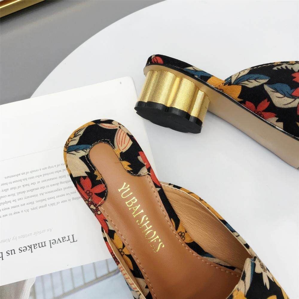 Pointed Thick With High Heels 2019 New Female Embroidery Baotou Half Slippers Female Summer Wear Lazy Muller Shoes Female New Wine Red