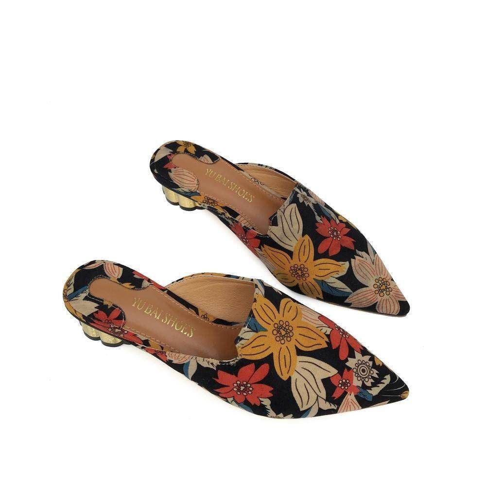 Pointed Thick With High Heels 2019 New Female Embroidery Baotou Half Slippers Female Summer Wear Lazy Muller Shoes Female New Wine Red