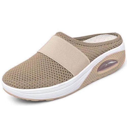 Ladies Newest Flat Fancy Slippers Female Fashion Slope Heel Slippers Casual Slippers Sandals Fish Mouth-Khaki