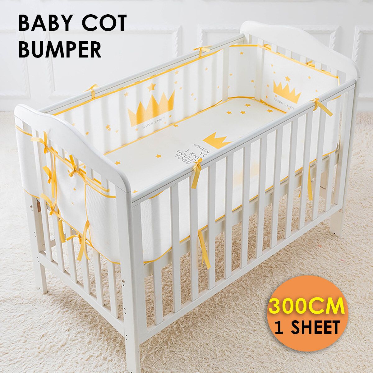 1pcs 118x11in Crown Baby Infant Cot Crib Bumper Safety Protector Toddler White