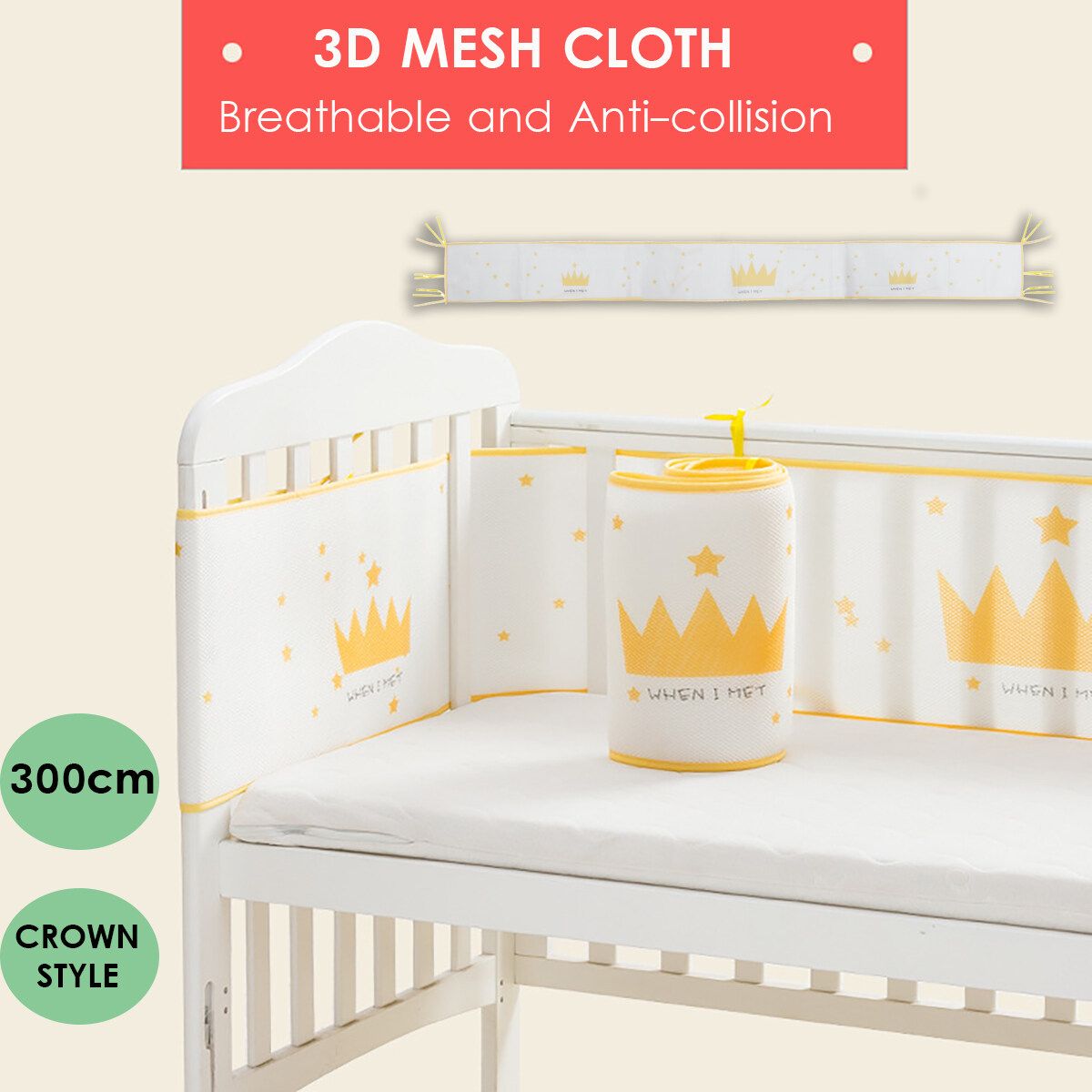 1pcs 118x11in Crown Baby Infant Cot Crib Bumper Safety Protector Toddler White