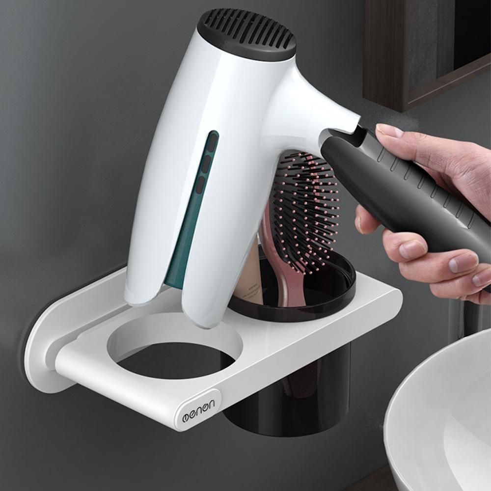 Menen Hair Dryer Holder Wall Mounted Hair Dryer Hanging Rack With Organizer Cup Storage Rack for Bathroom Barbershop Washroom