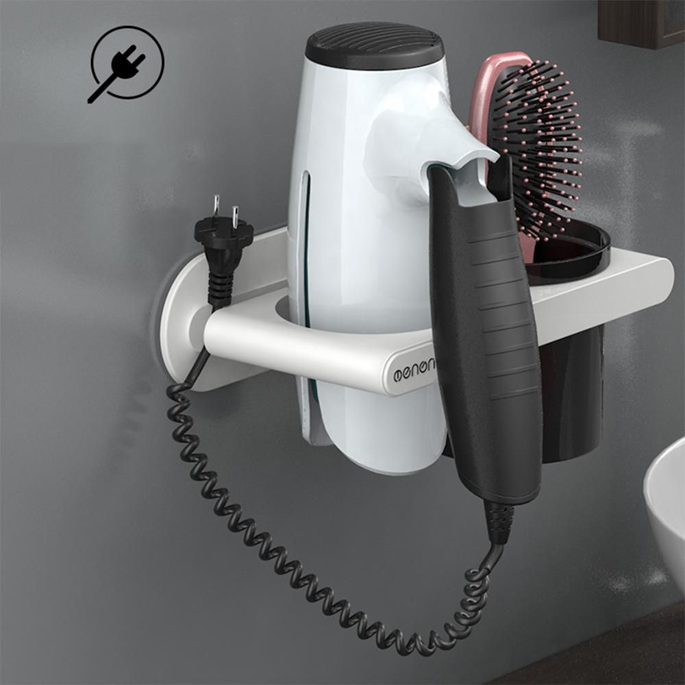 Menen Hair Dryer Holder Wall Mounted Hair Dryer Hanging Rack With Organizer Cup Storage Rack for Bathroom Barbershop Washroom