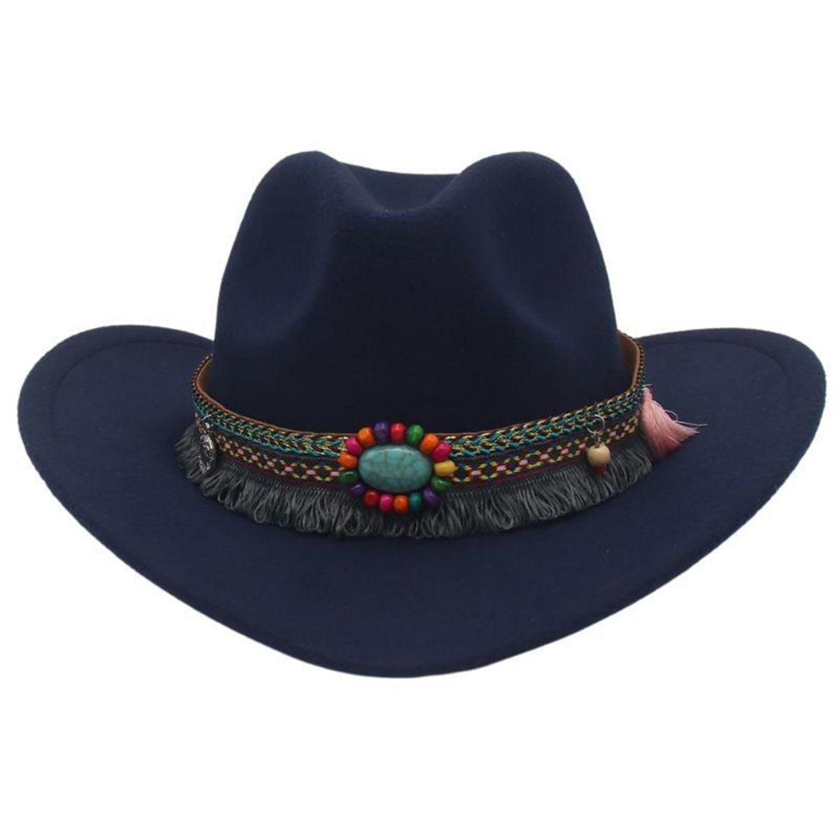 Woolen Hat Top Hat Ethnic Style Beaded Fedora Hat Woolen Top for Men Navy Blue