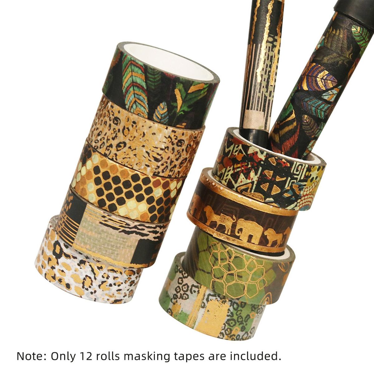 12 Rolls Washi Tape Set Gold Foil Wilderness Style Animal Washi Masking Tapes Decorative Adhesive Tape Label Sticker 15mm Wide for DIY Arts & Crafts Scrapbooking Journals Planners Diary Notebook Card Gift Wrapping Stationery 