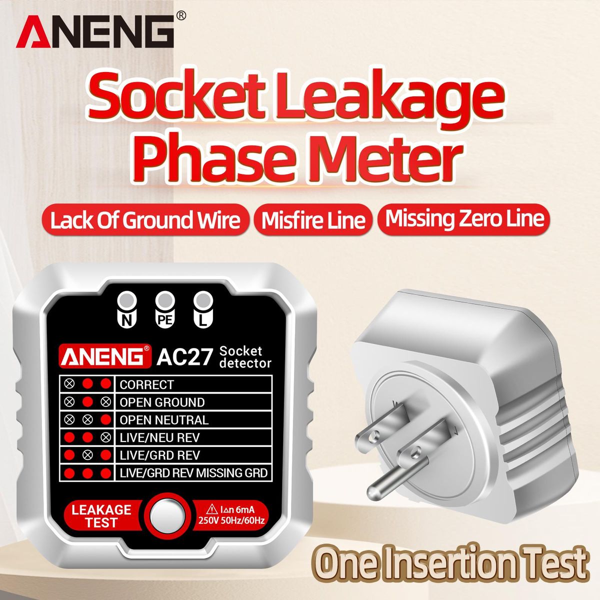 ANENG Outlet Tester 250V Fast Detection Socket Tester Receptacle Detector Leakage Plug Polarity Ground Line Automatic Electric Circuit Polarity Voltage Detector