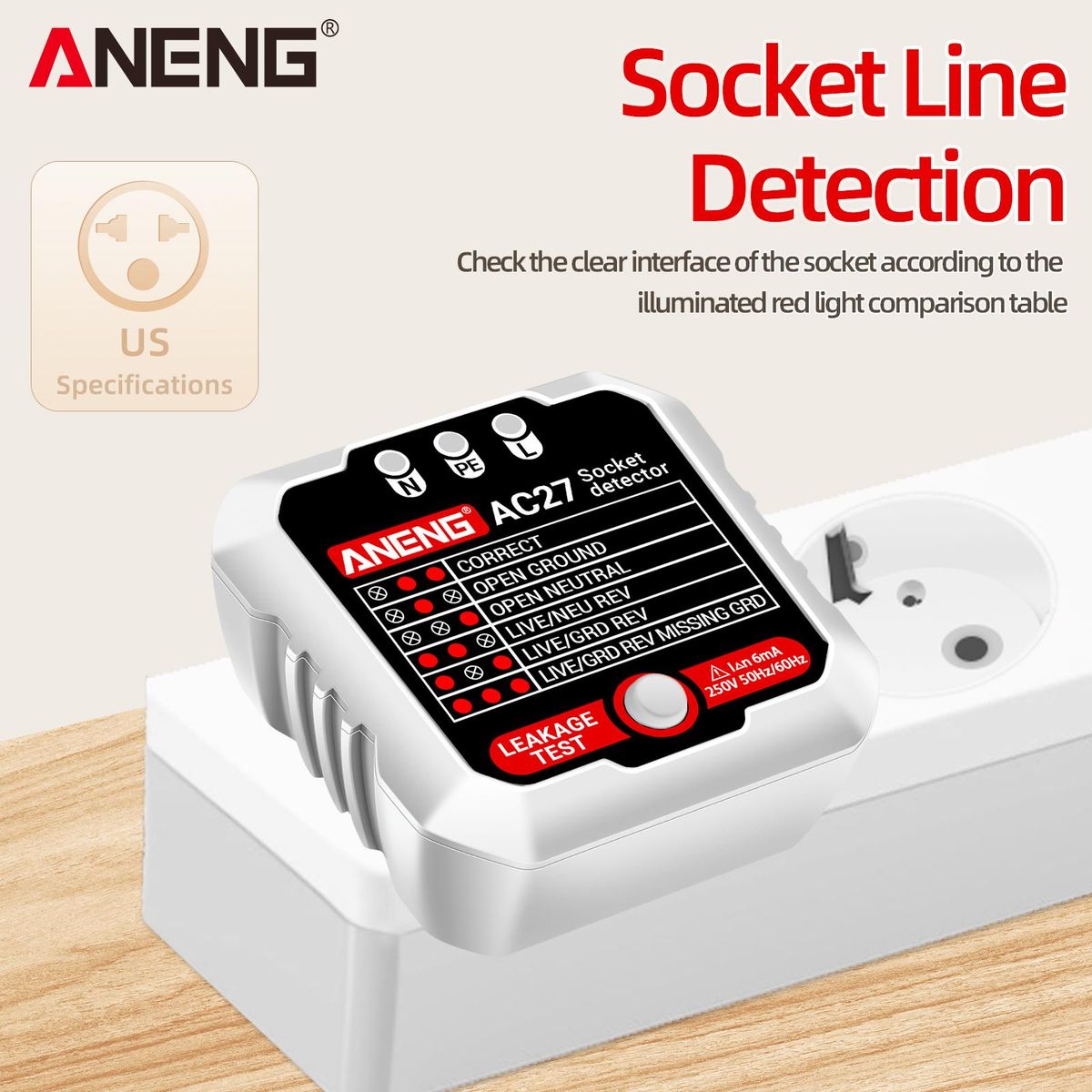 ANENG Outlet Tester 250V Fast Detection Socket Tester Receptacle Detector Leakage Plug Polarity Ground Line Automatic Electric Circuit Polarity Voltage Detector