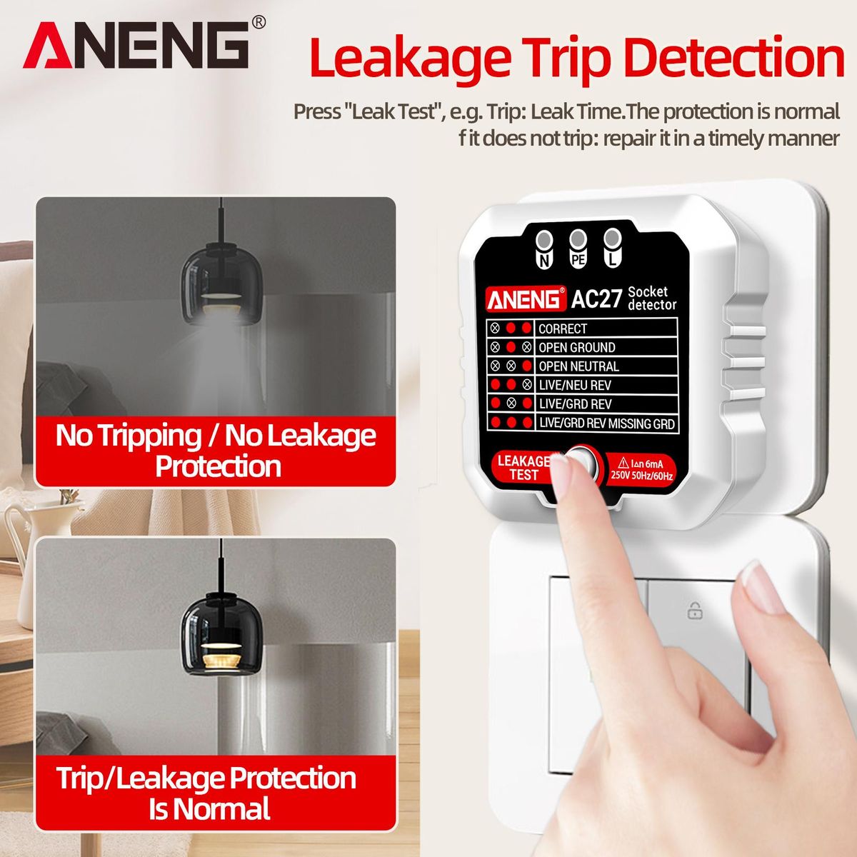 ANENG Outlet Tester 250V Fast Detection Socket Tester Receptacle Detector Leakage Plug Polarity Ground Line Automatic Electric Circuit Polarity Voltage Detector