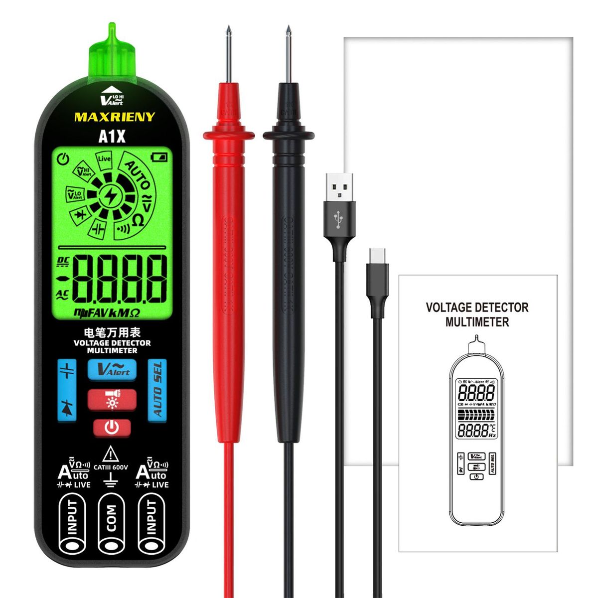 MAXRIENY Automatic Anti-Burn Intelligent Digital Multimeter Fast Accurately Measures Voltage Resistance Diode Tester Live Wire Voltage Tester with Flashlight