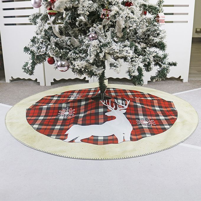 Round Elk Pattern Non Woven Xmas Tree Skirt Cover Floor-