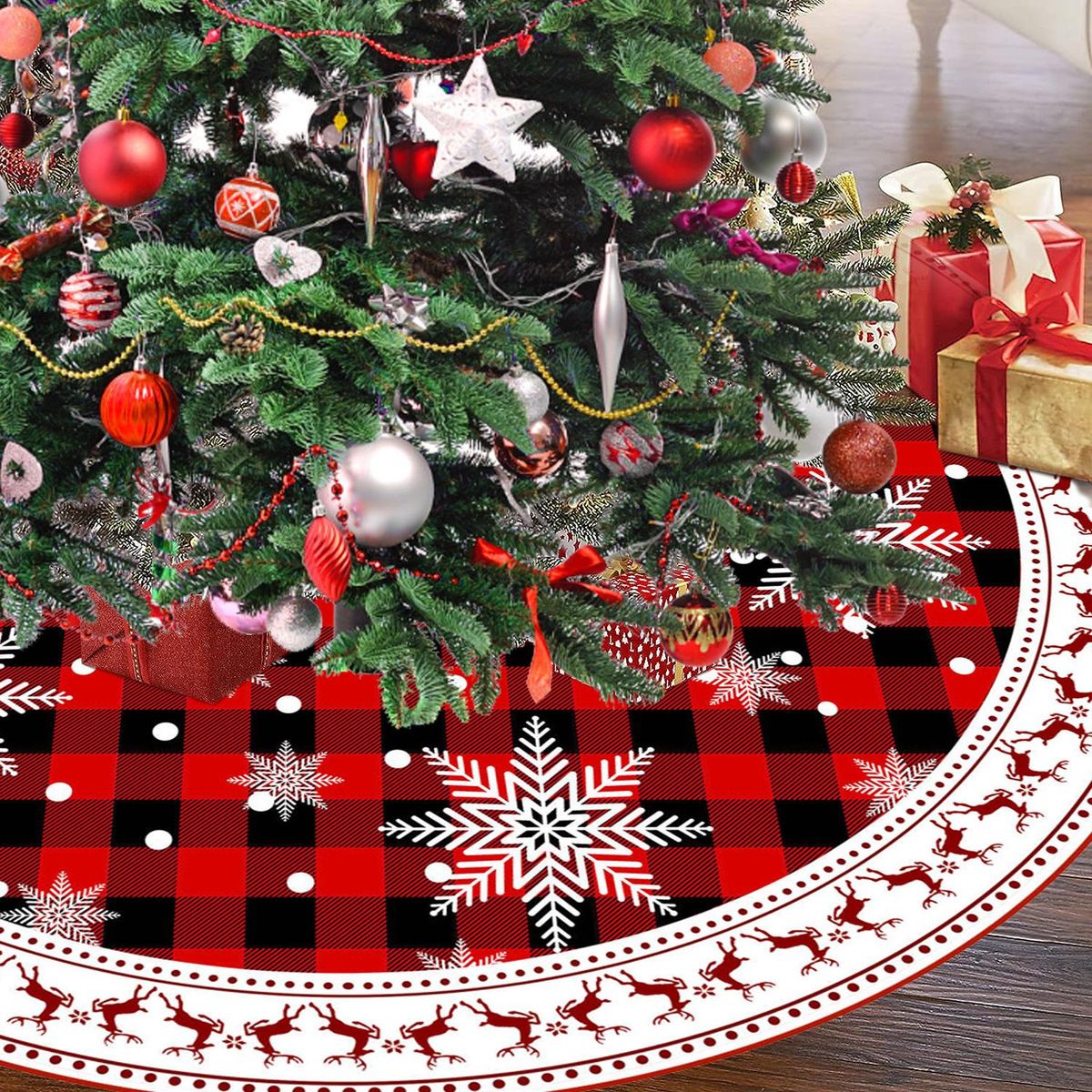 Christmas Tree Skirt 60 inch - Snow Plaid Tree Skirt - Xmas Tree Ornaments