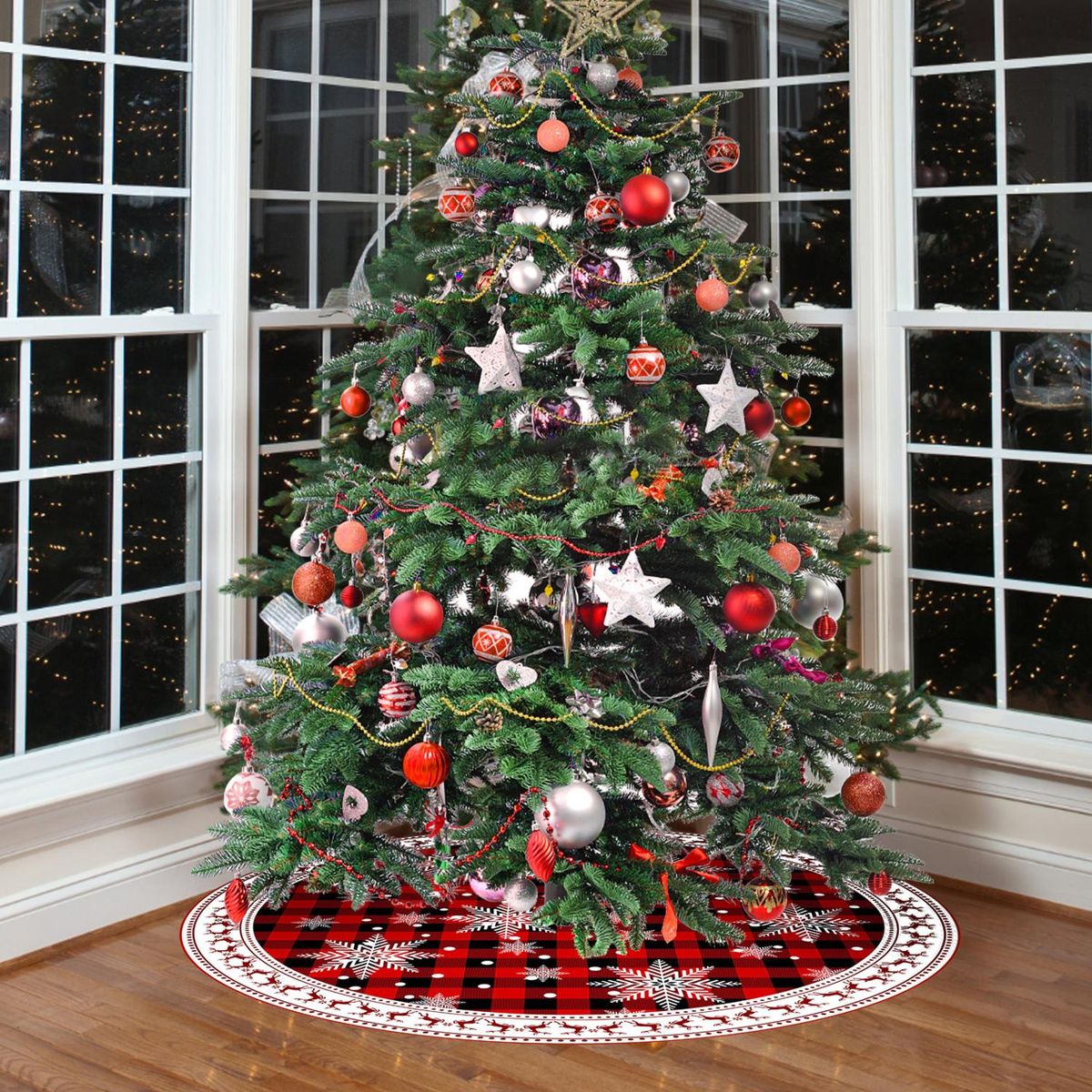Christmas Tree Skirt 60 inch - Snow Plaid Tree Skirt - Xmas Tree Ornaments