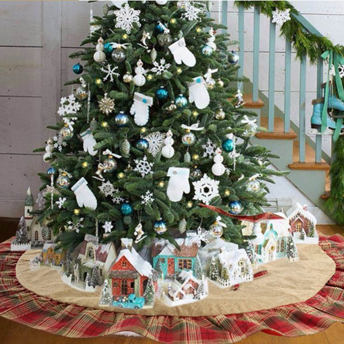120cm Round Plaid Trim Carpet Floor Mat Christmas Tree-