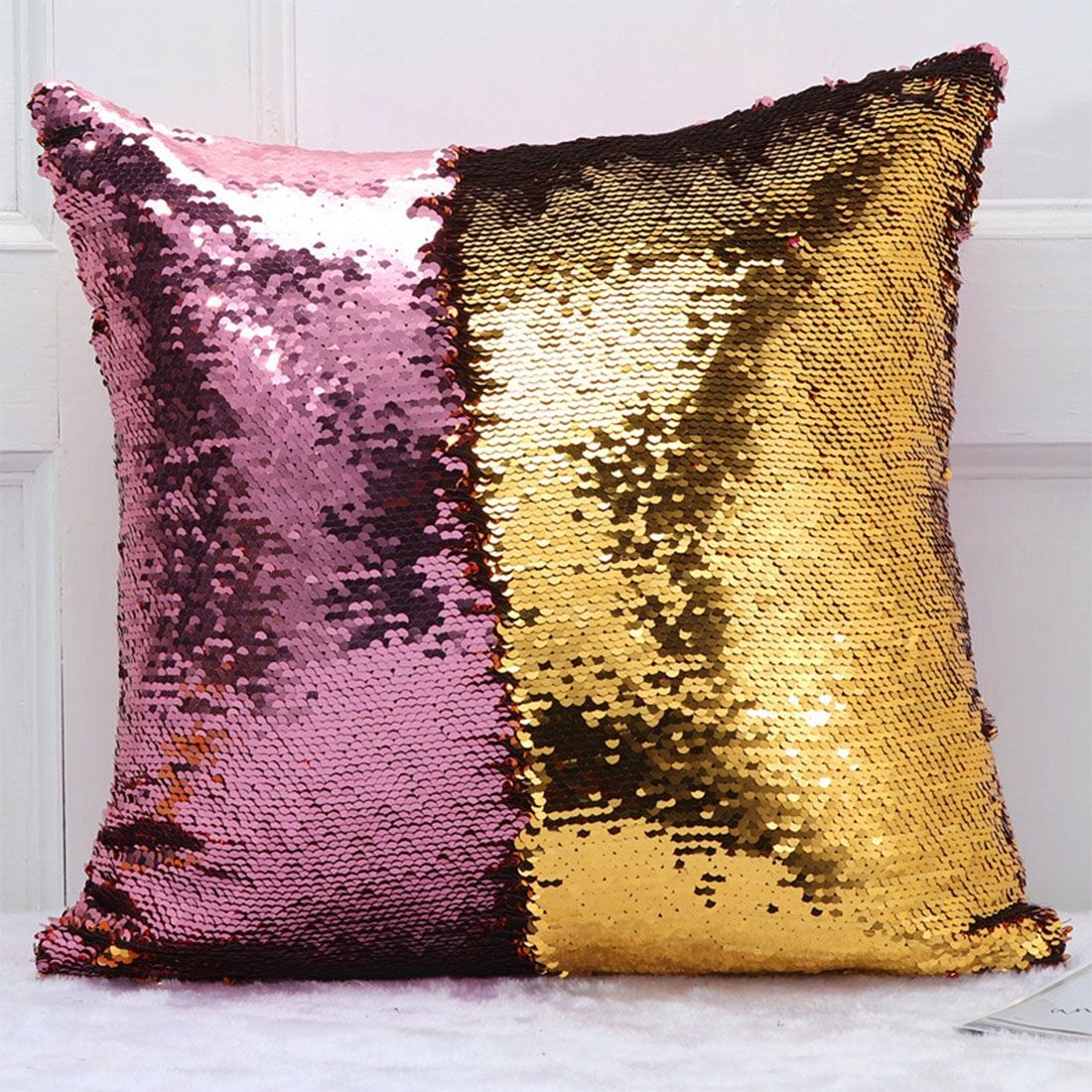 DIY Two Tone Glitter Sequins Throw Pillow Case Reversible Sequin Magical Color Changing Pillow Cover, Size: 40*40cm(Pink+Gold)