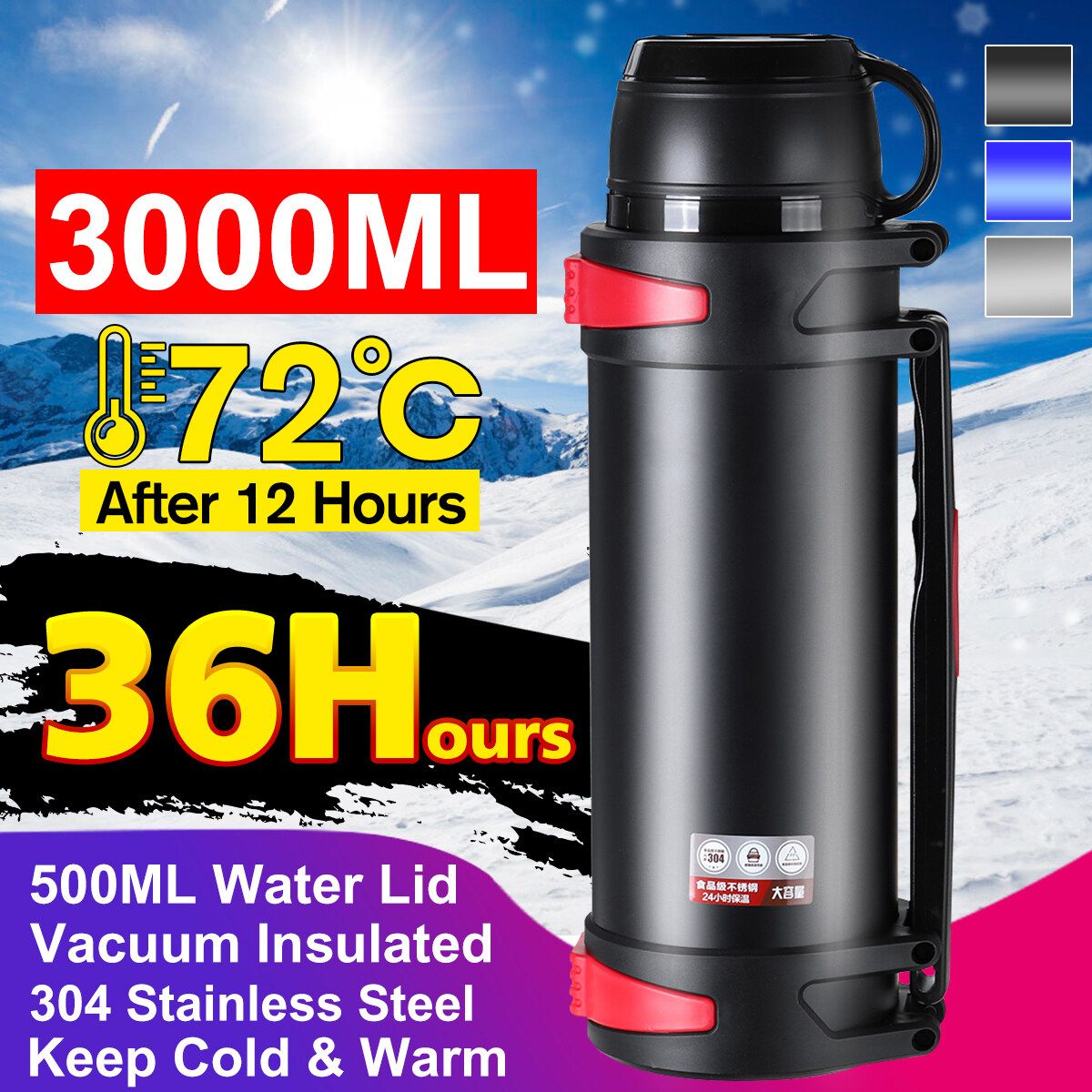3000ML Large Capacity 36H Keep Hot & Cold Coffee Tea Soups Water Bottle Cups Mug With Carrying Strap Stainless Steel Thermos Flask Double Wall Stainless Steel Vacuum Flask Insulated Cup Portable For Travel Outdoor Kids Studen