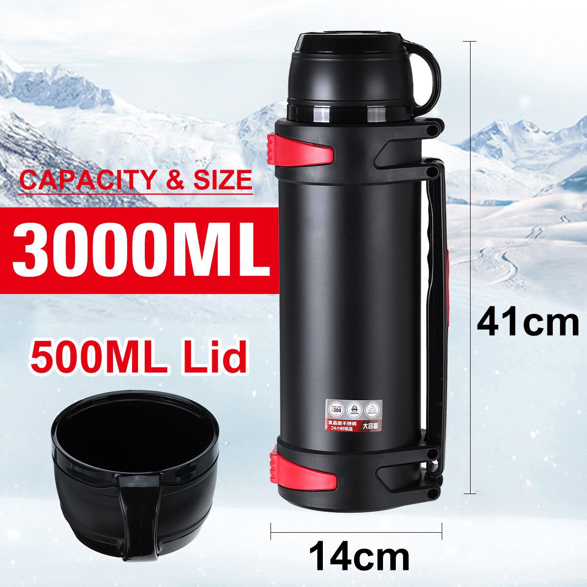 3000ML Large Capacity 36H Keep Hot & Cold Coffee Tea Soups Water Bottle Cups Mug With Carrying Strap Stainless Steel Thermos Flask Double Wall Stainless Steel Vacuum Flask Insulated Cup Portable For Travel Outdoor Kids Studen