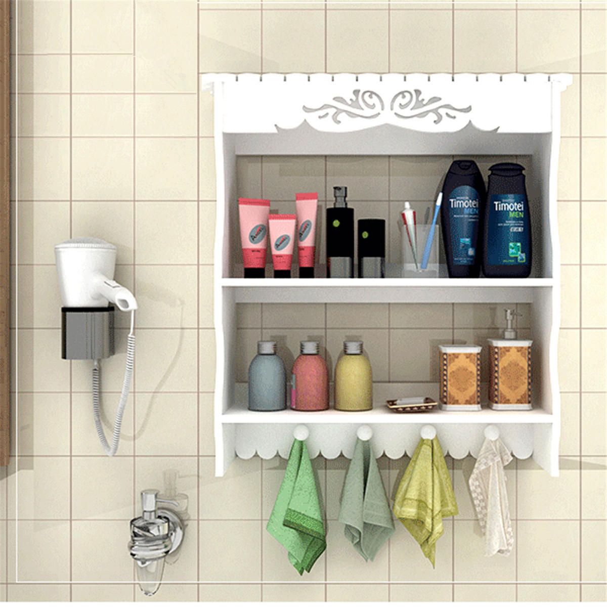 2-Tiers Wall-mounted Bathroom Shelf Towel Hooks Organizer
