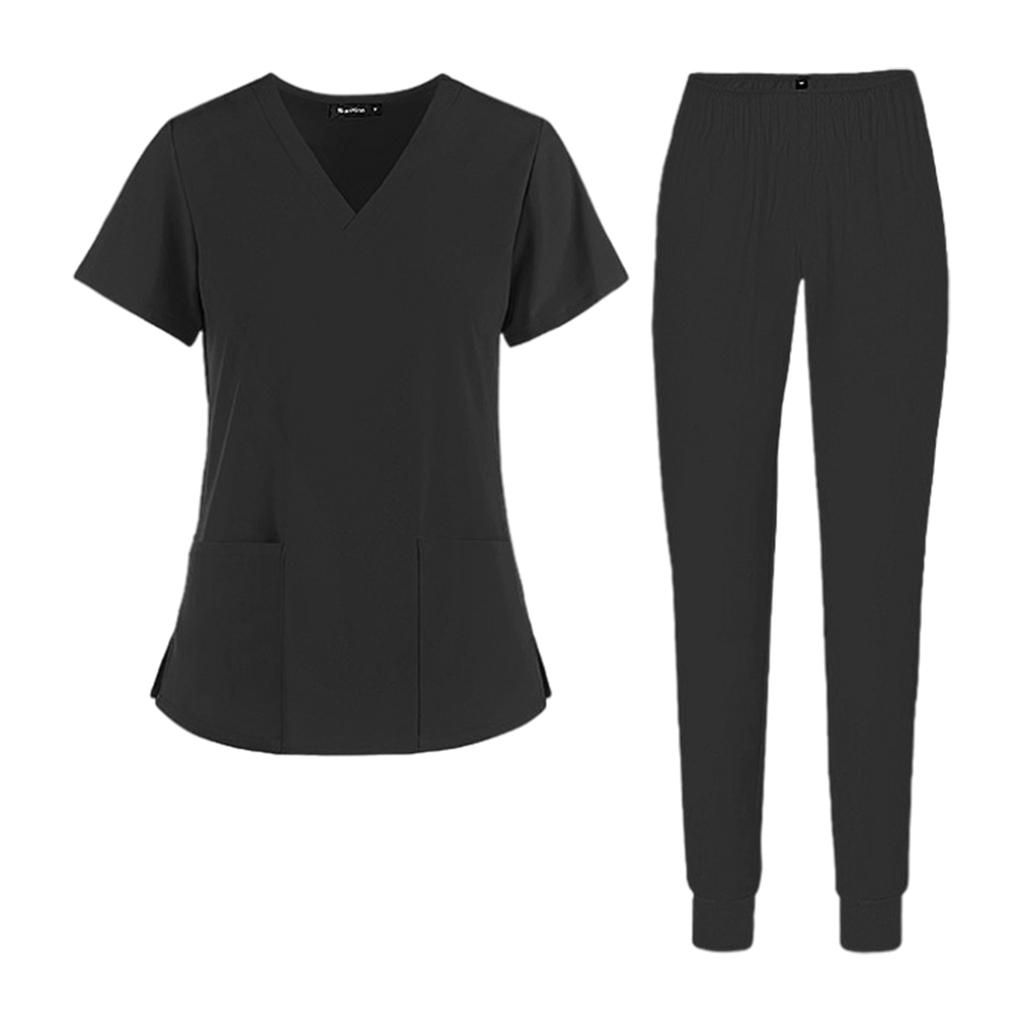 V-Neck Nursing Scrub Set Slim 2 Pocket Work Clothes Top Pants S Black