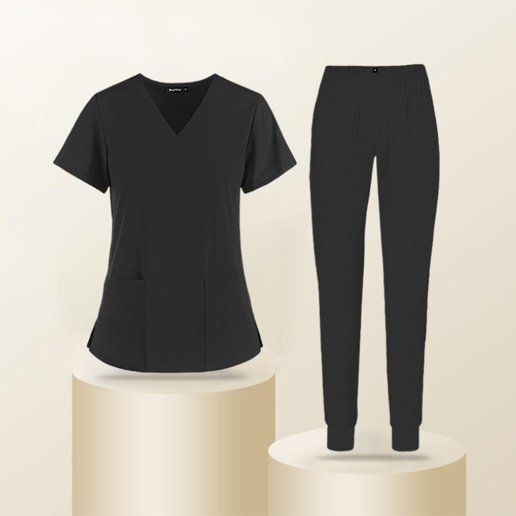 V-Neck Nursing Scrub Set Slim 2 Pocket Work Clothes Top Pants S Black
