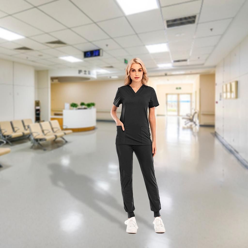 V-Neck Nursing Scrub Set Slim 2 Pocket Work Clothes Top Pants S Black