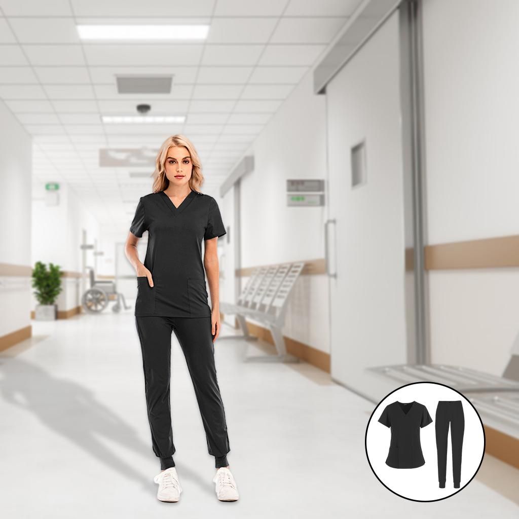 V-Neck Nursing Scrub Set Slim 2 Pocket Work Clothes Top Pants S Black