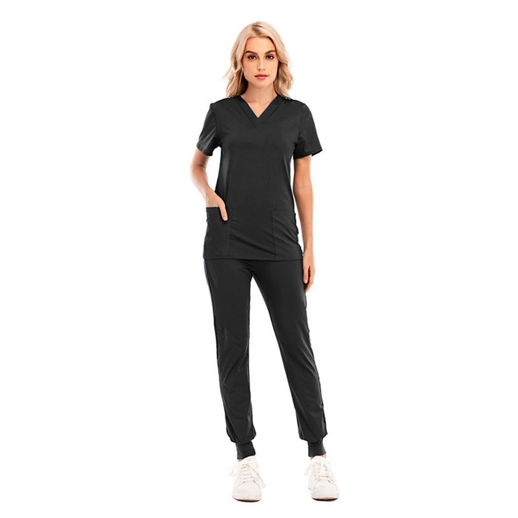 V-Neck Nursing Scrub Set Slim 2 Pocket Work Clothes Top Pants S Black