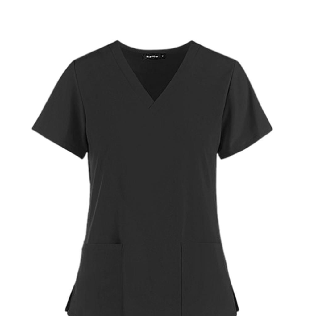 V-Neck Nursing Scrub Set Slim 2 Pocket Work Clothes Top Pants S Black