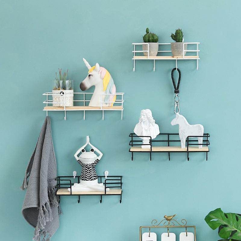 4 Hooks Modern Nordic-Style Mesh Grid Iron Art Rack Wall Mount Shelf Photo Display Stand Four Hook White