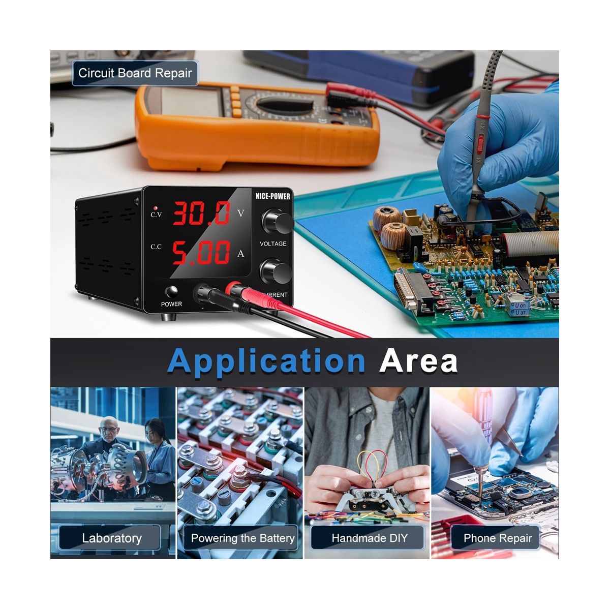 NICE-POWER DC Power Supply Variable, 30V 5A Adjustable Switching Regulated Power Supply with Encoder, LED Display EU Plug