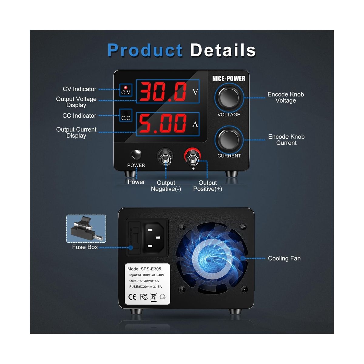 NICE-POWER DC Power Supply Variable, 30V 5A Adjustable Switching Regulated Power Supply with Encoder, LED Display EU Plug