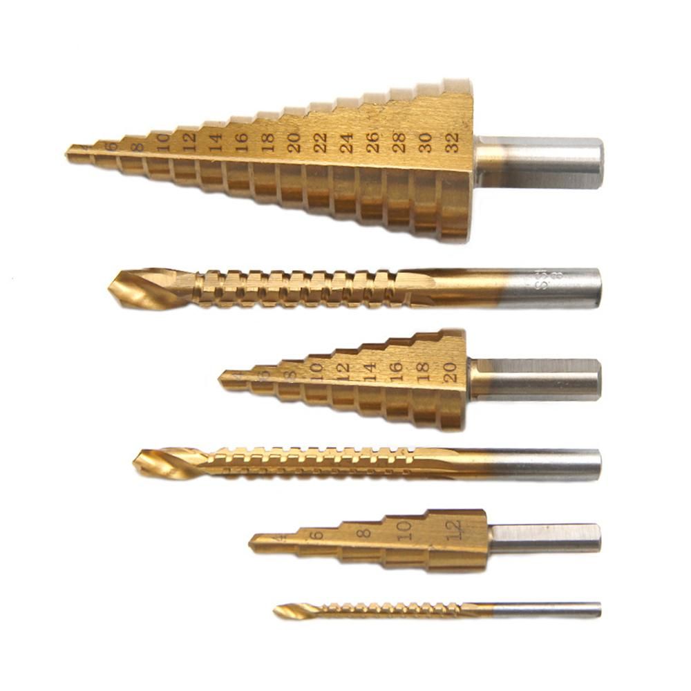 6PCS Spiral Groove Step Drill Set HSS Titanium-Coated Wood Metal Hole Cutter for Plastic Wood Metal DIY
